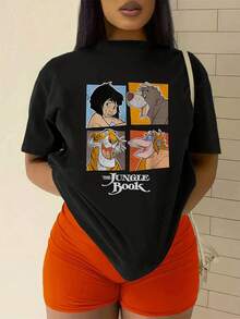Colorful Illustration Inspired By Adventurous Jungle Characters Showing Friendship And Fun Between Humans And Wild Animals In A Modern Retro Style. Comfortable And Casual Women's T-Shirt For Everyday Wear. - 黑色 - 查看 2