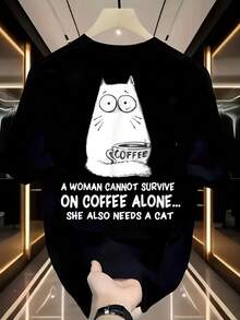 Soft Soft T-Shirt With Funny Cat And Coffee Print For Cat Lovers, Women's Cat And Coffee Themed Design, 100% Pure Cotton, Unisex Casual Top, Available In Sizes S To XXXL, Machine Washable, Fun Outdoor Casual Wear, Women's Blouses. - 黑色 - 查看 7