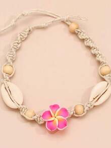 1pc Seashell Anklet, Bohemian Daisy Flower Braided Beach Foot Jewelry - Rose Red - View 5