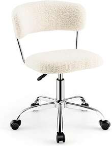 Home Office Chair, Faux Fur Low Back Swivel Leisure Chair/Height Adjustable Padded, Rolling Armless Vanity Chair/Galvanized Steel Frame Bedroom Study Guest Room, White RNIS - 白色的 - 查看 1