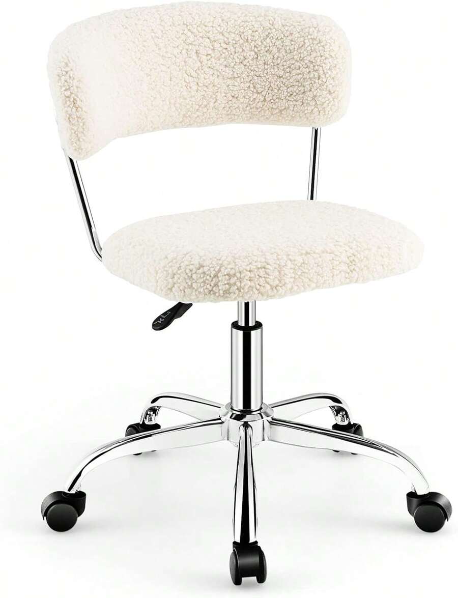 Home Office Chair, Faux Fur Low Back Swivel Leisure Chair/Height Adjustable Padded, Rolling Armless Vanity Chair/Galvanized Steel Frame Bedroom Study Guest Room, White RNIS - 白色的 - 查看 1