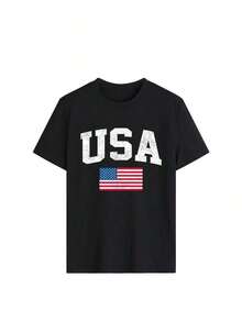 Soft Crew Neck T-Shirt With Distressed Vintage American Flag Graphic - Retro Campus Style Street Essential | Distorted White Text And Faded Flag Details Create A Cool, Casual Patriotic Vibe | A Must-Have For Game Day, Independence Day, And Summer Vacation Outfits. Black Pattern - 黑色 - 查看 2
