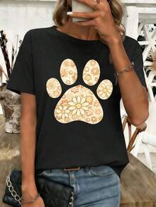 Women's T-Shirt With A Floral Paw Print Print. Quality Fabric, Crew Neck, Relaxed Fit, Comfortable, Urban Hip-Hop Style. Beautiful Blouses, 100% Cotton. - 黑色 - 查看 1