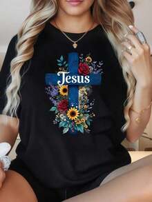 Women's Short Sleeve Crew Neck T-Shirt, Floral Design With Jesus Cross, 's T-Shirt, Christian Faith Religious Theme, Short Sleeve Top With Fun Prints, Suitable For Christmas Parties, Sports Activities, Holiday Parties, Outings, Sports And Other Christmas Gifts (G) - 黑色 - 查看 4