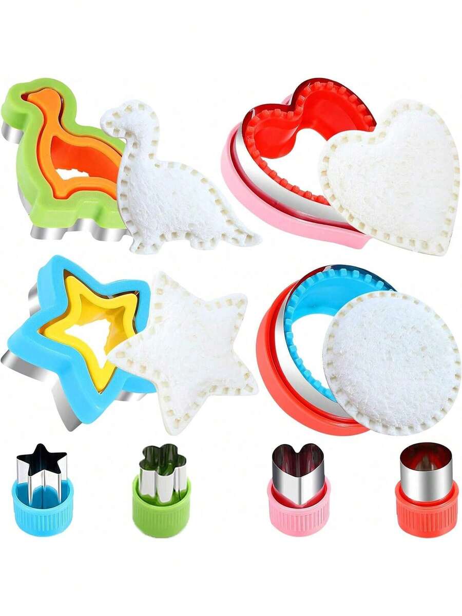 4/8/9 piezas Cortador de pan y sándwich, Cortador de frutas, verduras y galletas, Formas de corazón, estrella, dinosaurio, redondas, Perfecto para hornear DIY, Suministros de cocina, Color aleatorio