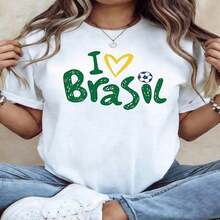 Women's T-Shirt | "I Love Brazil" Graphic Print, Yellow And Green, Casual Round Neck T-Shirt For Spring/Summer, Medium Stretch Fabric, Ideal For Daily Wear, Shopping, Parties And Commuting. - 藍色 - 查看 1