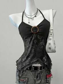 Blusa casual de mujer con cuello de corbata y estampado de anacardo, versátil para uso diario - Negro - Ver 3