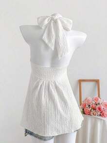 Top de tirantes con estampado de lunares marrones y detalle de nudo en la espalda para mujer, adecuado para verano, vacaciones de primavera, ceremonia de graduación, fiesta de boda, vacaciones elegantes, playa casual, estilo Y2K lindo y sexy y - Blanco - Ver 2