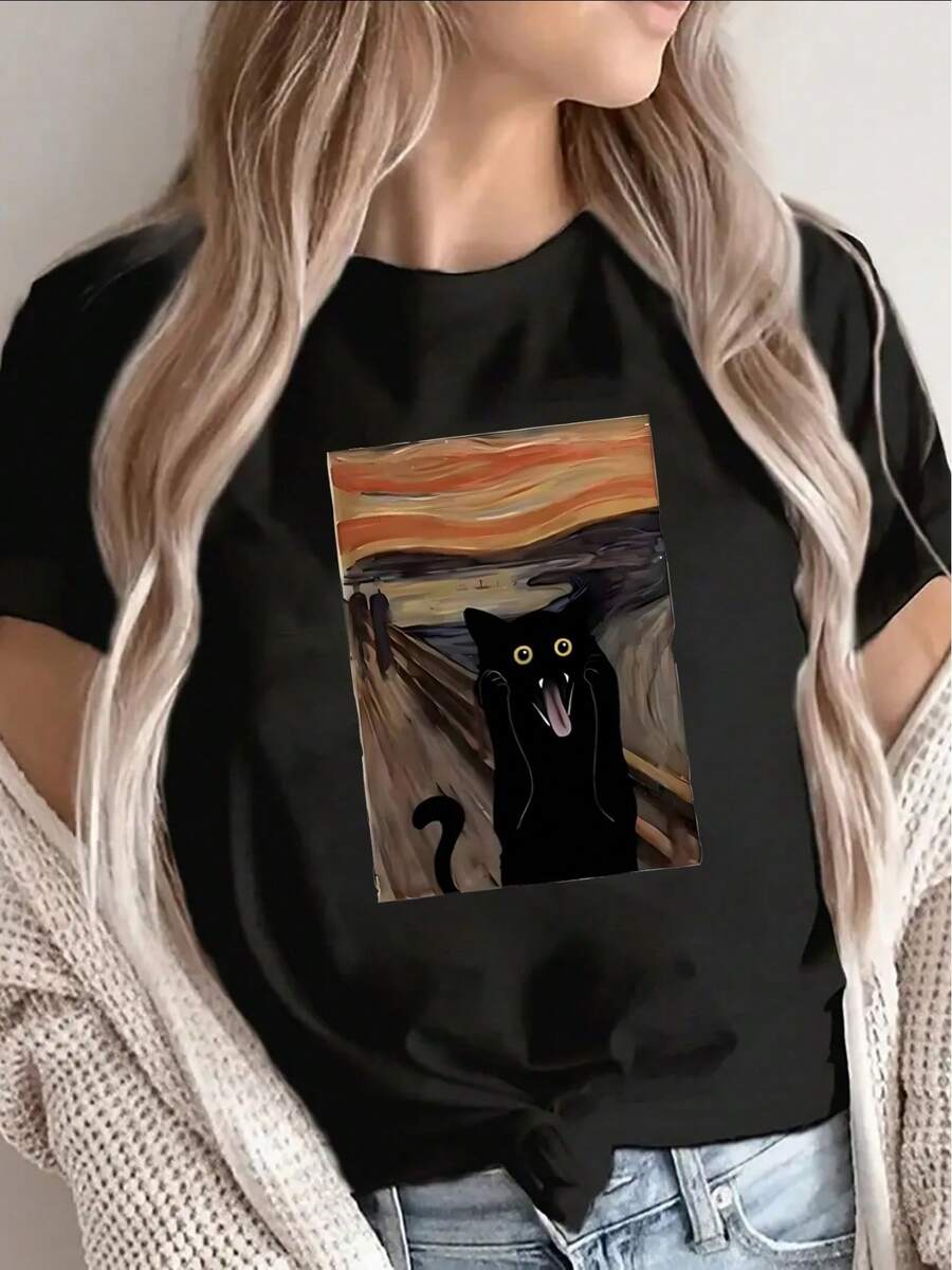 Camiseta de manga corta con diseño artístico de gato gritando, ligera y duradera para uso casual en casa, oficina o restaurante, ajuste cómodo para uso diario. Camiseta de algodón familiar coordinada. - Negro - Ver 1