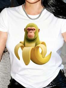 New Arrivals For Summer. Women's Short-Sleeved Crew Neck T-Shirt With A Fun Monkey Print - Casual Summer And Spring Top, Black With A Green Cartoon Design, Lightweight Fabric, Machine Washable, Casual Wear, Fun Print T-Shirt, Lightweight Blouse. - 白色 - 查看 6
