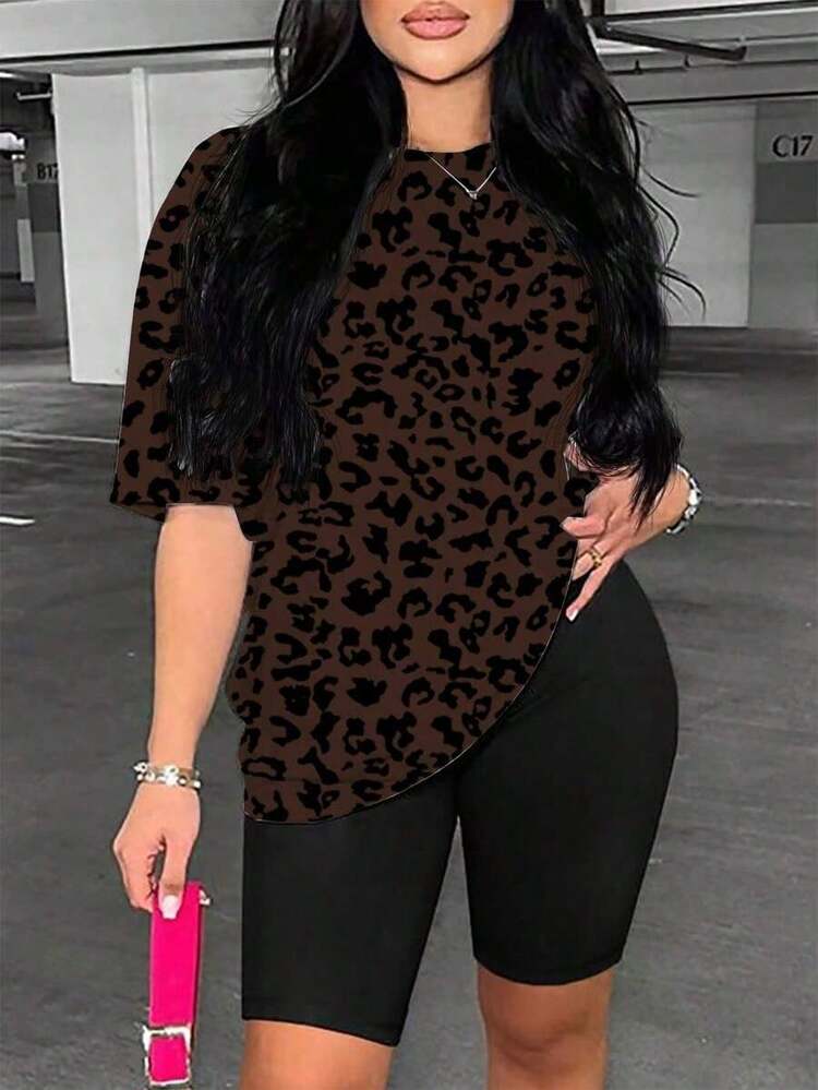 Nueva camiseta casual de mujer con cuello redondo y estampado de leopardo - Multicolor 2 - Añade 9