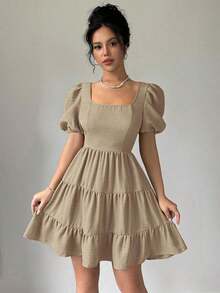 Vestido de verano, primavera y playa, elegante y romántico, para conciertos, estilo bohemio con mangas abultadas, espalda descubierta, lazo, para vacaciones, tiempo libre y viajes, con volantes en el bajo, color caqui, nuevo modelo 2025 - Caqui - Ver 5