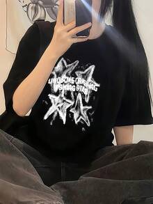 Plus Size Women's Short Sleeve T-Shirt - Japanese Korean Style With Geometric Star Print, Round Neck And Relaxed Fit, Breathable Fabric For Spring Summer Autumn, Machine Washable Casual Wear, Seasonal Fashion, Comfortable And Stylish - 黑色 - 查看 2