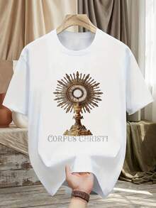 Corpus Christi Chalice Design T-Shirt - Christian Faith T-Shirt With Chalice Adoration Design, Casual Round Neck And Short Sleeves - Religious Cross Design T-Shirt For Easter, Christmas, First Communion, Confirmation, For Catholic And Christian Believers, Family And Friends, Christian T-Shirt, Church T-Shirt, God T-Shirt. - 白色 - 查看 4