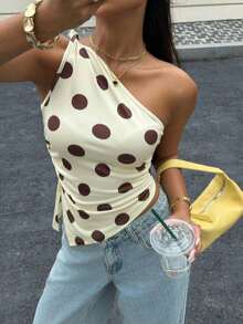 Blusa de mujer elegante y ajustada con parches de encaje y nudo retorcido de un solo hombro, color negro, top corto de carnaval, informal de verano, hombros descubiertos, espalda descubierta, para fiesta, festival de música - Amarillo - Ver 6