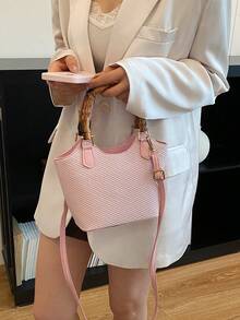 女士手提包，时尚百搭女式水桶包，通勤风单肩斜挎包 - 粉色 - 查看 6