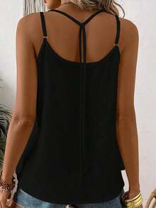 Camiseta sin mangas de mujer de cuello en V holgado a rayas, con diseño de espalda descubierta y lazo, adecuada para uso en la calle y vacaciones en primavera/verano - Negro - Ver 2
