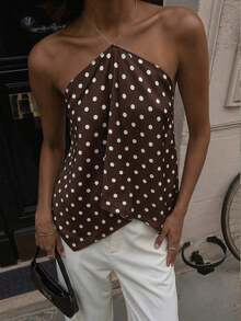 Blusa de mujer elegante con cuello de halter, estampado de tinte anudado y gasa para vacaciones en la playa - Marrón 3 - Ver 7