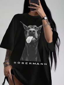 Women's T-Shirt With Doberman Print, Short Sleeve, Round Neck, Black, Conventional Casual Version Of T-Shirt Fabric, Comfortable For All Seasons, Suitable For Daily Wear And Holiday Gifts, Ideal For Gifts To Friends. - 黑色 - 查看 8