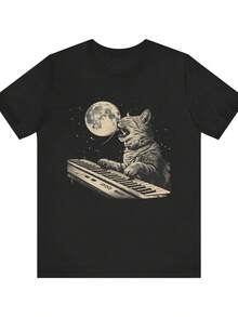 Funny Cat T-Shirt, Vintage T-Shirt Of A Cat Playing A Keyboard And Meowing, Cool Cat Pattern T-Shirt, Singing Cat T-Shirt, Gift For Women, Women's Shirts, Women's Sweatshirts, Sweater, Casual Blouse, Summer Prom Dresses - 黑色 - 查看 6