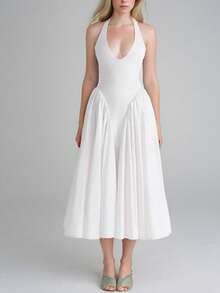 Elegant Pleated Halter Neck Party Dress For Spring 2026 - 白色 - 查看 2