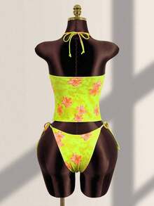 Conjunto de bikini de dos piezas con estampado floral tropical, parte superior tipo bandeau con tirantes atados y detalles de encaje para mujer, ideal para vacaciones de verano y playa - Verde - Ver 2