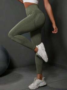 sin costuras de cintura alta de unicolor para uso diario, fitness y yoga para mujeres - Verde militar - Ver 4