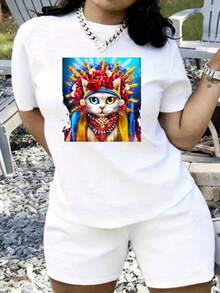 Women's T-Shirt With Rose, Cat, Flower, Wheat And Ornament Print, Short Sleeve And Round Neck, Plus Sizes, Loose Fit With Elasticity, Retro Casual Style Y2K With Short Sleeve And Round Neck Print, Ideal As Summer Clothes, Absorbs Sweat, Comfortable, Breathable And Elastic, Casual Summer Clothes. - 白色 - 查看 1