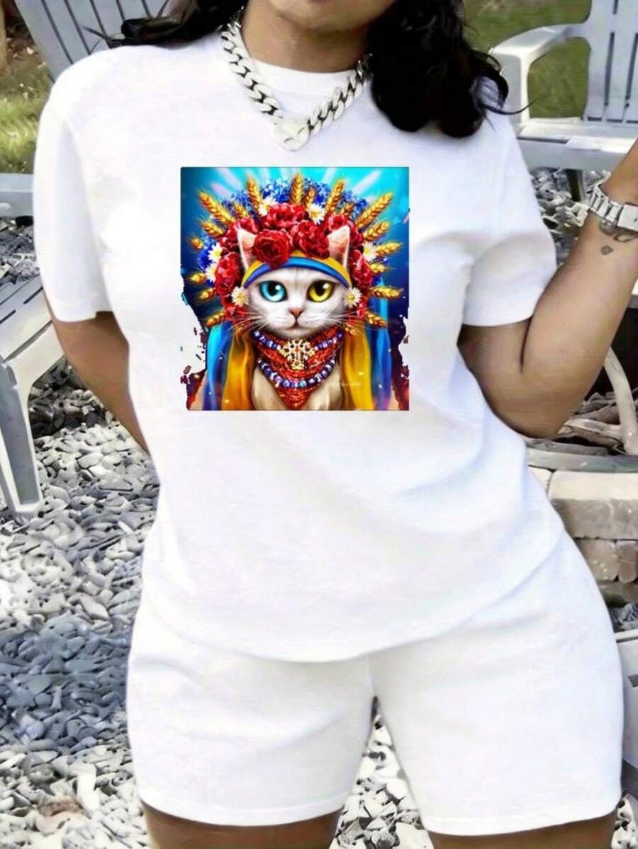 Women's T-Shirt With Rose, Cat, Flower, Wheat And Ornament Print, Short Sleeve And Round Neck, Plus Sizes, Loose Fit With Elasticity, Retro Casual Style Y2K With Short Sleeve And Round Neck Print, Ideal As Summer Clothes, Absorbs Sweat, Comfortable, Breathable And Elastic, Casual Summer Clothes. - 白色 - 查看 1