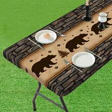 1pc Elastic Edge Design Bear Footprint Forest Pattern Elastic Tablecloth, Natural Stone Wall Background Design, Suitable For Dining Table Decor, Outdoor Tabletop Cover, Picnic Accessories, For Indoor And Outdoor Use - Multicolor - View 8