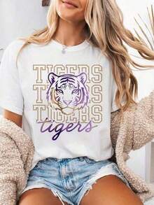 Purple And Gold Tiger Head T-Shirt, Size L, SU Game Day, C, 220G, 100% Cotton. With Butterfly Print, Suitable For Girls And Women, Inspirational Short-Sleeved T-Shirt With Round Neck, Cute Y2K Aesthetic Style, Summer Top, Suitable For Outdoor Activities, Family, Work Or Casual And Loose Daily Wear. - 白色 - 查看 8