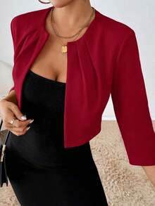 Blazer de manga corta minimalista de unicolor para mujer para uso diario en otoño/invierno - Rosa Roja - Ver 4