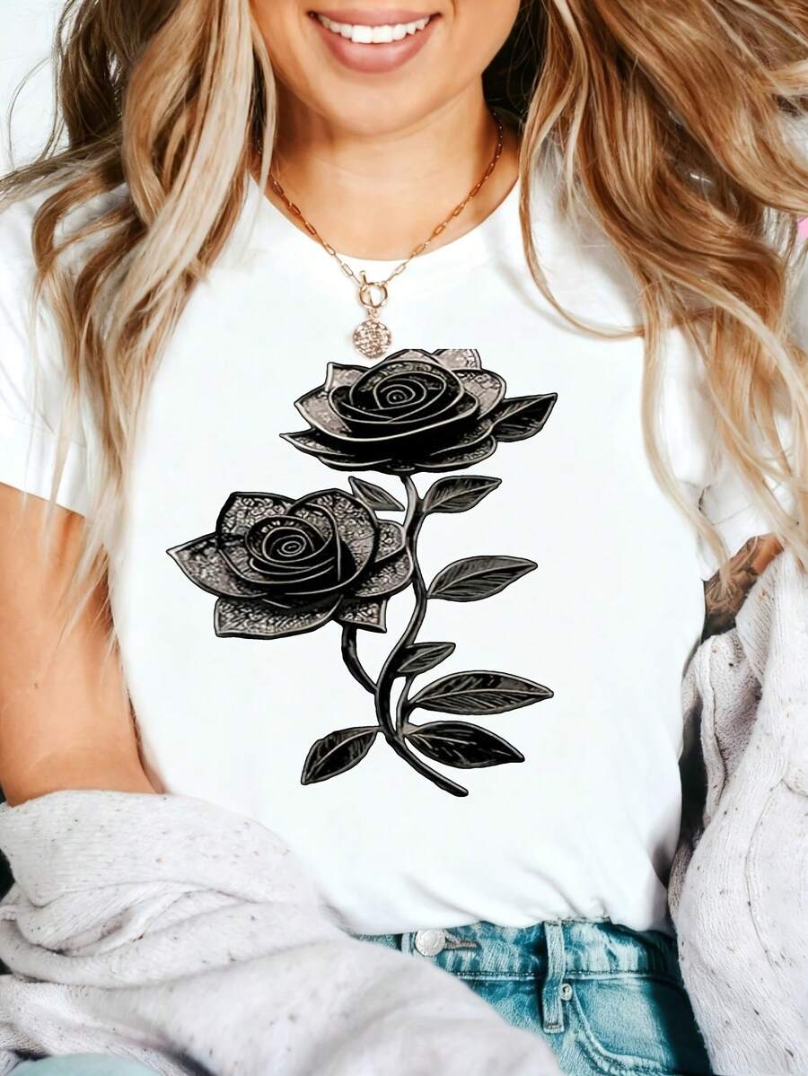 Edgy Rose Graphic T-Shirt, 100% Cotton Oversized Soft Breathable Casual Crewneck Short Sleeve Top, Romantic Aesthetic Summer Vibes Tee For Women & Flower Lovers - 白色 - 查看 1