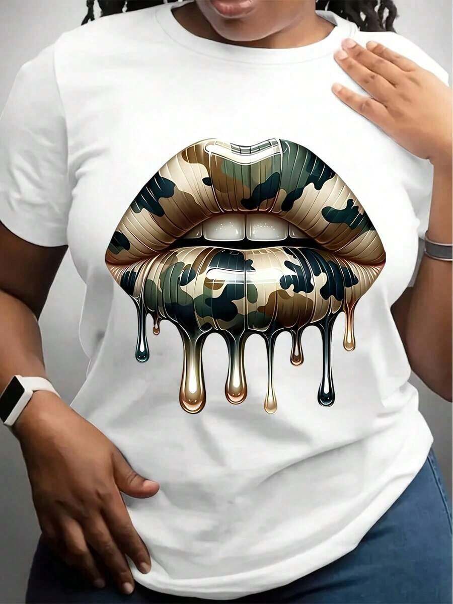 New Camouflage Lip Print T-Shirt, Casual Short Sleeve Round Neck Top, Machine Washable, Geometric Pattern T-Shirt For Spring/Summer, Comfortable And Casual, Women's T-Shirt, Soft Urban Retro Style, Unisex, Loose Fit, Pure Cotton, Short Sleeve Round Neck. - 白色 - 查看 1