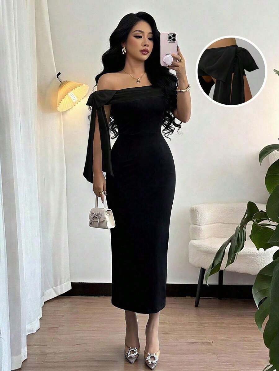 Vestido largo elegante y ajustado de color negro con hombros descubiertos y nudo - Negro 2 - Ver 1