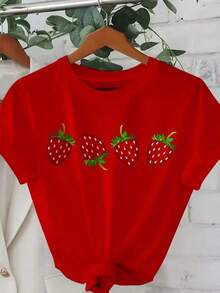 Women's Basic Graphic Print T-Shirt, Short Sleeve, Crew Neck, Strawberry Print, Strawberries, Fruit, Gym, Exercise, Aesthetic, Regular, Casual, Comfortable, Cool, Lightweight, Soft, Modern, Youthful, Romantic, Bohemian, For Home, Everyday, Beach, Spring, Summer, Office, Versatile, Creative - Vintage Street Style Unisex Cotton Short Sleeve Crew Neck T-Shirt - 紅色的 - 查看 6