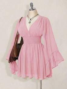 Vestido corto elegante de manga larga con cuello en V y cintura ceñida de unicolor para mujer - Rosa - Ver 8