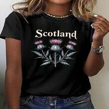 One Piece, Classic And Versatile, Pure Cotton Short-Sleeved T-Shirt Ideal For Any Season. Features A Scottish Lavender Print Design For Women, A Modern And Elegant Style. - 黑色 - 查看 2