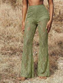 Pantalones elegantes de cintura alta con volantes de encaje para mujer, para citas, salidas nocturnas, para otoño e invierno - Verde Niebla - Ver 3