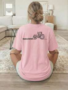 Summer Tops[Double-Sided Print] Women's T-Shirt, Short-Sleeved Round-Neck Casual Top, Featuring A Tractor Graphic With The Text "Thank A Farmer." Mach - 粉色 - 查看 3