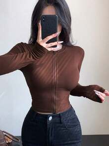 Chaqueta corta casual de verano de unicolor, de cuello redondo, de manga larga y con abertura frontal, ajustada para mujer - Marrón 7 - Ver 4