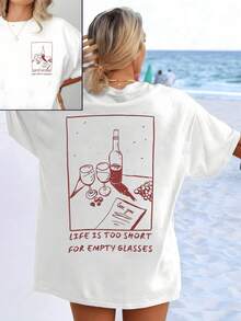 A Half-Full Glass Of Wine Next To A Handwritten Letter Inviting You To Enjoy Life's Little Pleasures, Reminding You That Life Is Fleeting And Deserves To Be Savored Every Day. Women's T-Shirt With A Modern Casual Double Print - 白色 - 查看 8