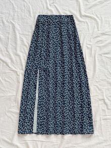 Falda casual con abertura en el bajo y estampado floral diminuto para mujer - Azul marino - Ver 7