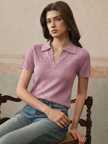 Elegante y digna blusa de punto con escote en V, bordado floral y calado, para primavera/verano - Rosa - Ver 2