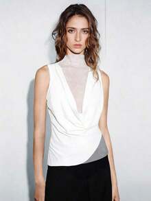 Camiseta sin mangas sexy con cuello drapeado de malla transparente, volantes y bajo asimétrico para mujer, nueva colección primavera/verano - Blanco - Ver 4