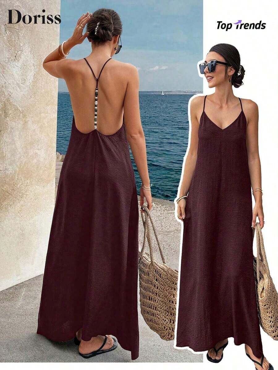 Vestido largo elegante de mujer con tirantes finos, espalda descubierta y lentejuelas, adecuado para fiestas, bodas, playa y vacaciones, color negro, para verano - Granada - Ver 1