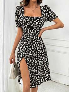 Vestido de manga corta con cuello cuadrado de estampado aleatorio para uso diario sencillo, atuendo de vacaciones y playa para mujeres - Negro - Ver 7
