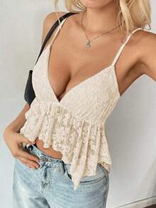 Camiseta de mujer con escote en V sexy y bajo asimétrico de encaje - Albaricoque 2 - Ver 1