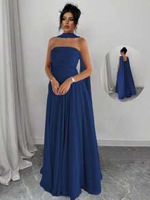 1 pieza Vestido largo de mujer de unicolor con detalle de pliegues, vestido largo elegante sin mangas para mujer - Azul marino - Ver 1