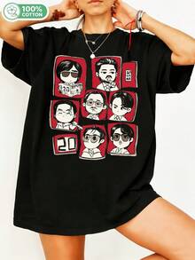 BTSSS Bangtann Boys Chibi Cartoon Member Retro Graphic T-Shirt, Minimalist Streetwear Casual Cotton T-Shirt For ARMY Fans. - 黑色 - 查看 1